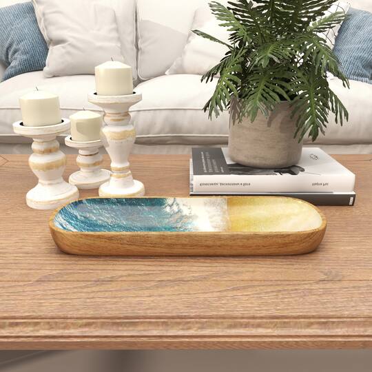 16.25" Brown Mango Wood Handmade Ocean inspired Decorative Tray